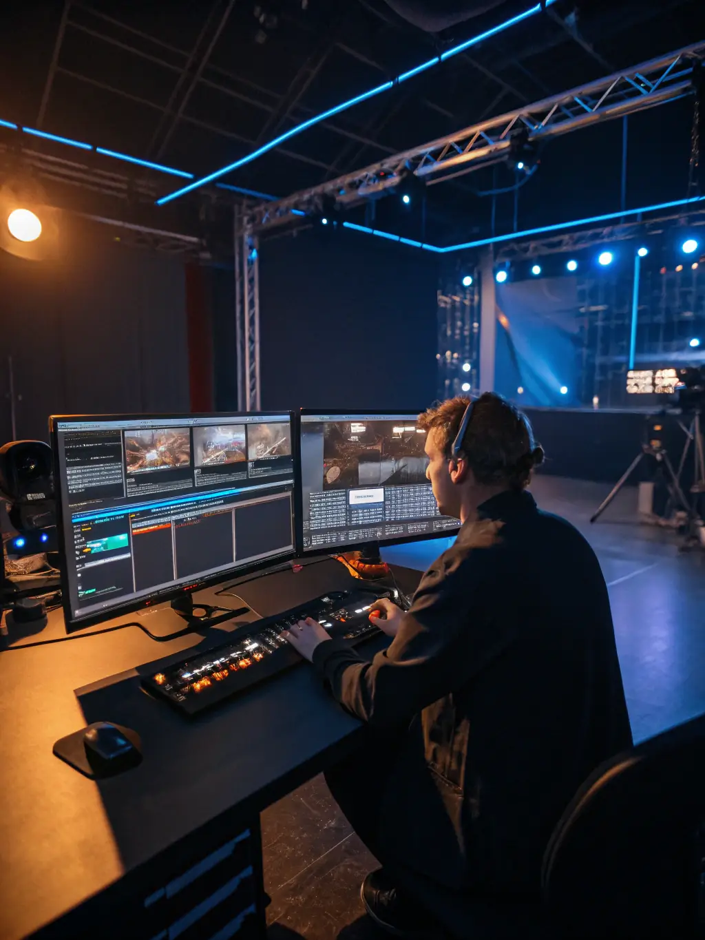 A professional video editor working on a gaming review, with high-end equipment and a focused expression, showcasing the dedication to quality.